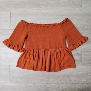 Liberty Love Medium burnt orange smocked off shoulder crop top boho festival